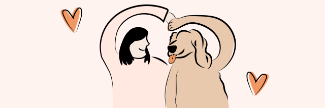 Illustration d'un personnage faisant un calin à son chien. 